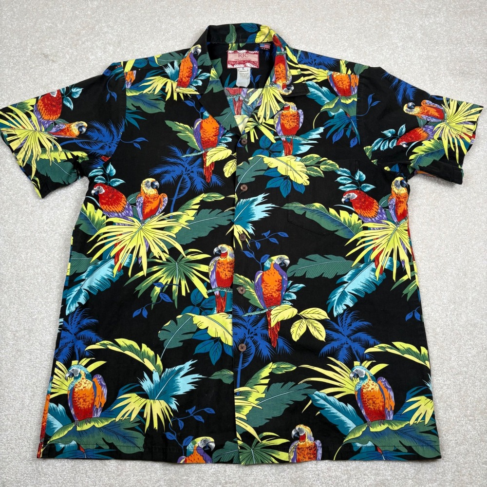 RJC Mens Hawaiian Shirt Large Black Parrot Tropical Leaf Cotton Aloha Made USA